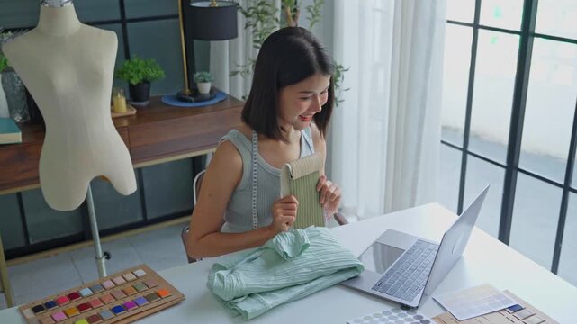 Asian woman tailor showing cloth texture example to customer on laptop