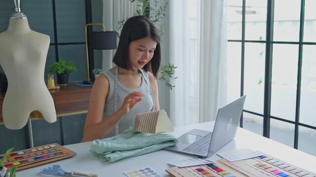 Asian woman tailor showing cloth texture example to customer on laptop