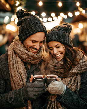 Cozy Couple at Christmas Market AI Generative