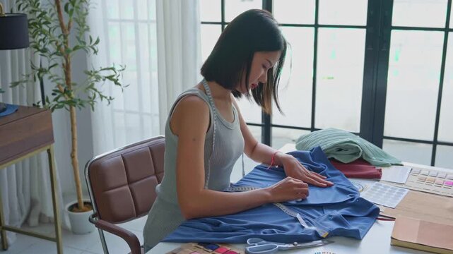 Asian tailor using scissors cut excess threads from cloth