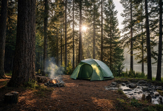 Green dome camping tent pitched in the middle of a dense coniferous pine forest woodland during daytime