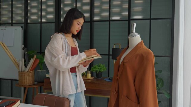 Asian woman designer taking note cloth design with cloth on clothing try-on stock