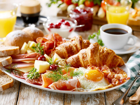 Gourmet Breakfast Platter with Coffee and Juice AI Generative