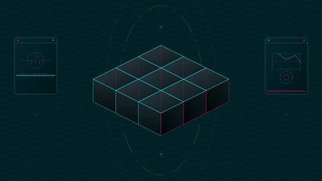 Isometric 3D blocks moving on digital grid with HUD interface for big data and blockchain concepts.
