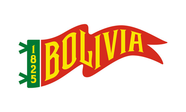 A flat, minimalist vector illustration of a red pennant flag featuring the word "BOLIVIA" in yellow, with a green vertical header on the left displaying the year "1825".