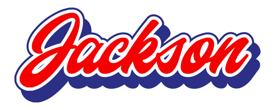 A retro-style vector graphic of the word "Jackson" rendered in a bold, red script font, featuring a white inner outline and a thick, dark blue outer shadow for a 3D effect.