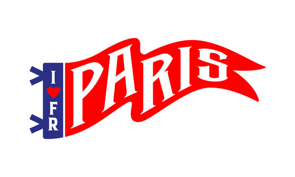 A flat vector graphic of a red pennant flag with a white wave shape. On the blue vertical header, the text has been changed to a vertical stack reading "I LOVE FRENCE" along with two mounting ties.
