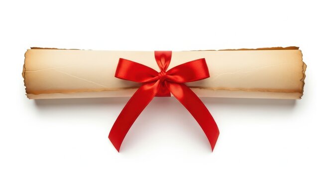 Diploma scroll with red ribbon on light background