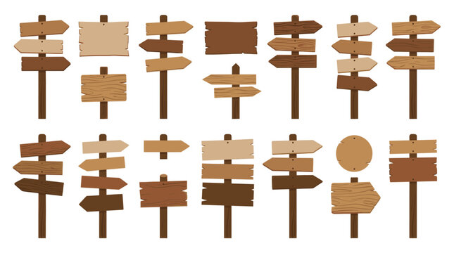 Blank wooden signpost and directional board icons set.