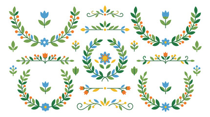 Folk style floral wreaths and border elements set. © alex
