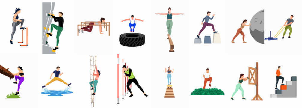 OCR Obstacle Course Training and Fitness Activities Set with People Jumping, Climbing, and Balancing