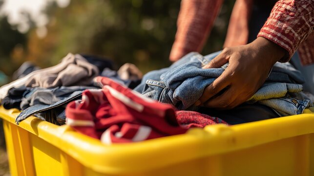 Person sorting clothes for donation outdoors.