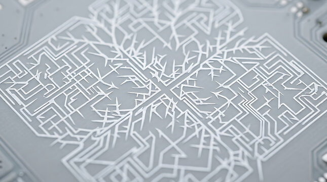 Close-up of a dense lattice of white cybersigils and sharp electronic circuit patterns on a gray microchip surface. Detailed futuristic technology with biomechanical aesthetics.