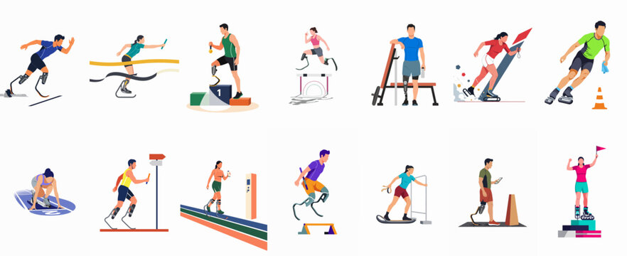 Diverse collection of parathletes with prosthetic limbs participating in various sports like running, jumping, and gym training, highlighting inclusivity, resilience, and athletic achievement.