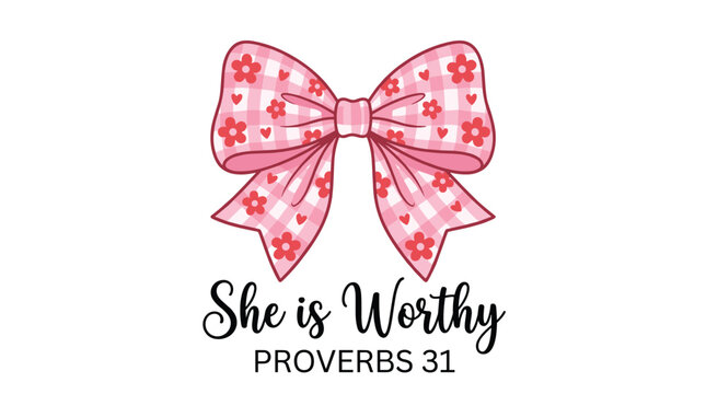 Pink checkered bow with floral pattern and inspirational quote &ldquo;She is Worthy Proverbs 31,&rdquo; Christian faith and empowerment concept, vector illustration