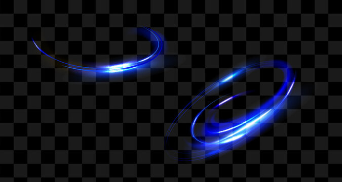 Two glowing blue light trails or energy rings on a transparent background. The lines have smooth curves, bright highlights, and soft fading edges, creating a sense of movement or rotation.