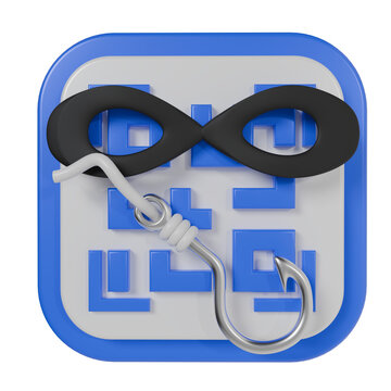 3d render QR Code Phishing Concept Icon with Thief Mask and Fishing Hook representing Quishing Cyber Attack and Data Theft Threat