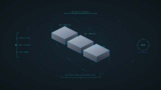 Futuristic HUD interface displaying 3D architecture modules and technical data readouts.