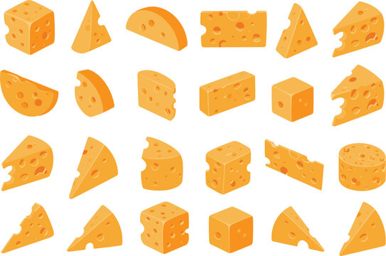 Cheese collection, assorted dairy food slices and blocks for menu, cooking and restaurant illustrations vector