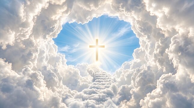 Radiant golden cross shining through a circular opening in heavenly clouds