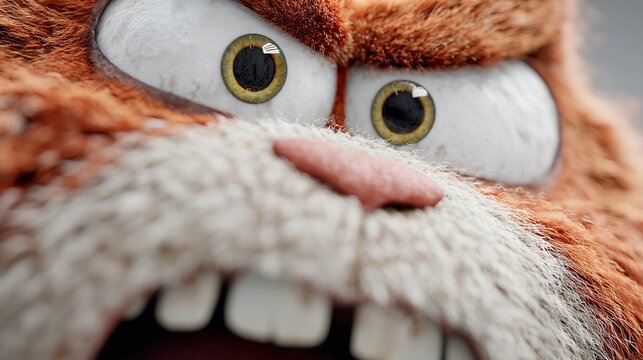 Close up of a cartoon cat's angry face with big eyes and bared teeth