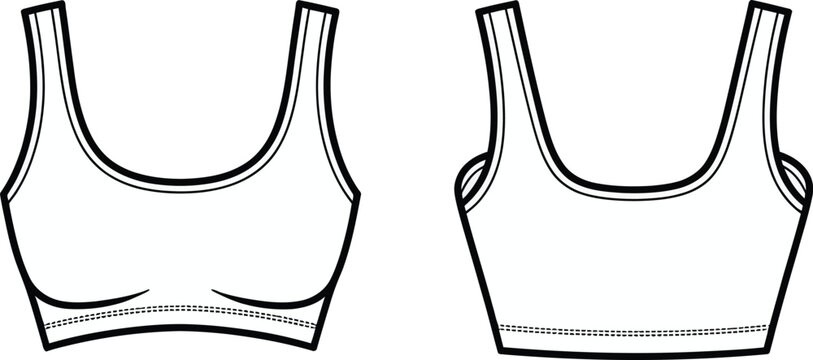 Sports bra technical sketch vector illustration of athletic crop top template front and back view outline fashion design isolated graphics.