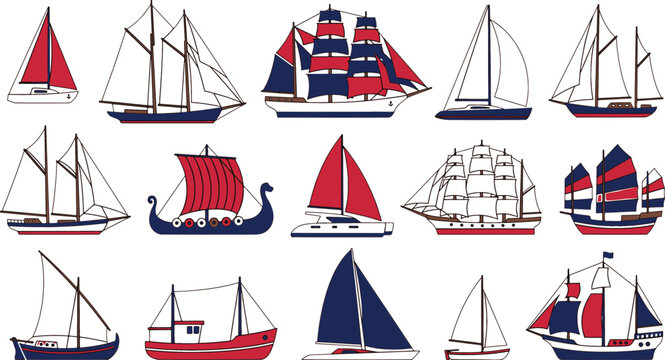 Nautical sailing ships collection set of various boat types in red blue and white colors art.