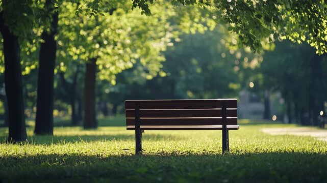 Empty Wooden Bench in a Sunny Green Park