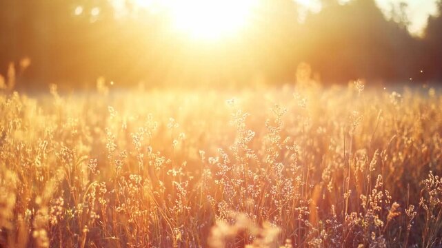 Cinematic Video Still of Golden Meadow at Sunset with Sun Flare