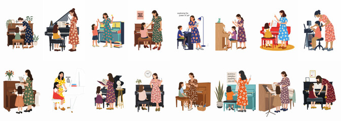 Comprehensive collection of illustrations showing a female teacher giving piano lessons to children, highlighting music education, practice, and student-teacher interaction. © lily