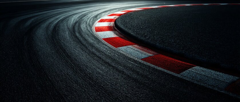 Curved racing track with striking markings.