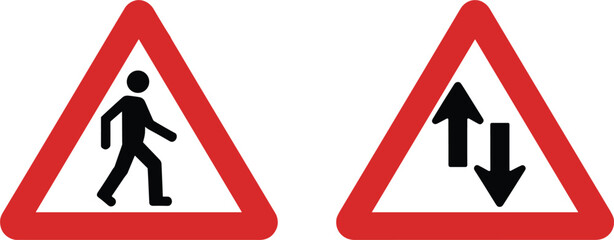 Traffic warning sign collection, pedestrian crossing and priority road symbols for transportation safety vector illustrations © Sume