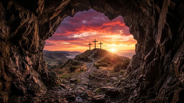 Christian Easter Resurrection Empty Tomb Cave Looking at Three Crosses on Hill at Sunset