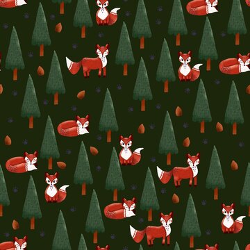 Hand drawn seamless woodland pattern with red foxes in standing sitting and sleeping poses evergreen pine trees pine cones and animal paw prints on a dark green background with a textured folk art sty