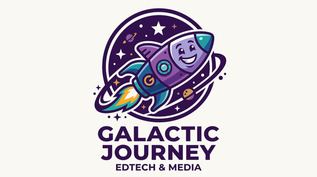 Charming animated rocket embarking on a galactic journey through the cosmos, representing innovation in edtech and media for educational exploration