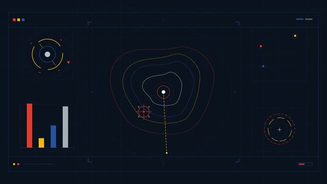 Minimalist digital HUD interface tracking target with topo lines and bar charts