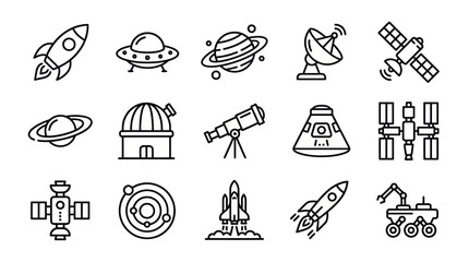 Black line space exploration and astronomy icon set. © pangestu
