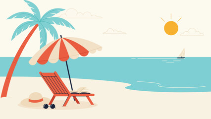 Sunlit beach view with parasol and lounge chair under bright sun sunshine umbrella vacation tropical relaxation © Sadia