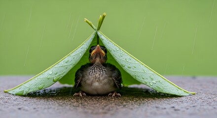 Naklejka premium Tiny bird taking shelter under two large green leaves forming a tent during falling rain. Nature resilience concept 