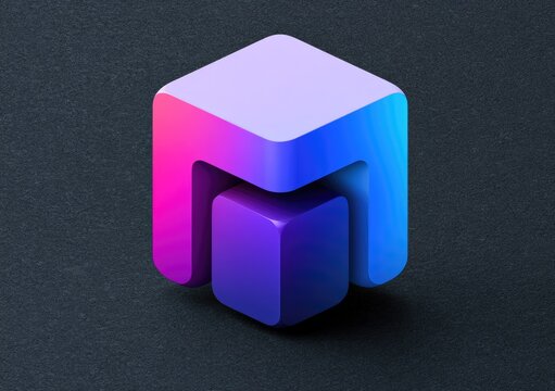 3D geometric cube logo with purple blue gradients.