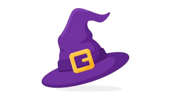 A high-quality 2D vector animation featuring a classic purple witch hat with a yellow buckle. The animation showcases smooth floating and gentle bouncing motion, squash-and-stretch dynamic effect, a s