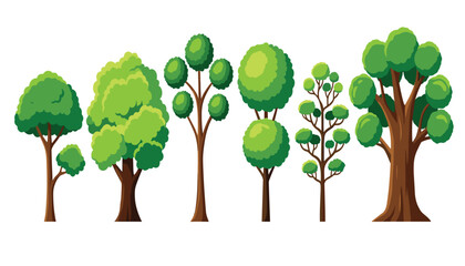 Green summer trees vector illustration set with various cartoon forest plants foliage trunks and branches on white background. © Ruma