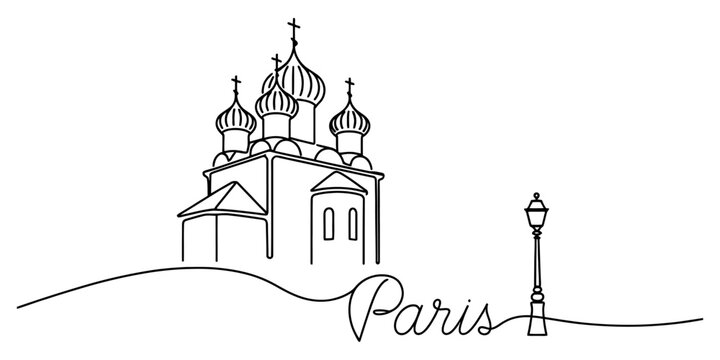 Continuous one line drawing of a church building and a street lamp with paris text