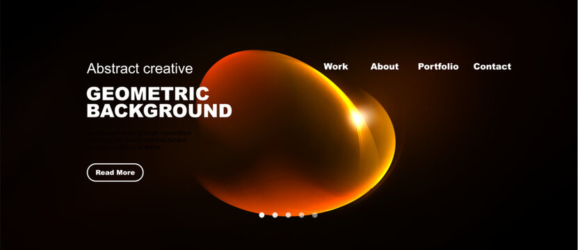 Dark website mockup features orange geometric shapes, text elements, navigation menu. Modern design, simple layout.