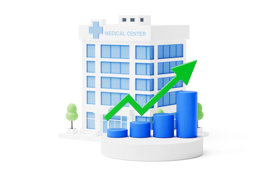 Healthcare Growth, Hospital Performance, Medical Investment, Service Expansion And Operational Improvement Concept. Medical Center With Rising Bar Chart And Green Arrow. 3d Rendering