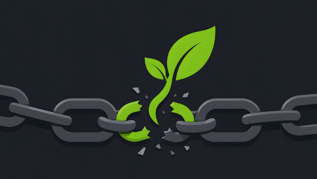 Green sprout growing through and breaking a heavy metal chain link, representing financial freedom, breaking debt cycle, wealth growth and economic independence, vector