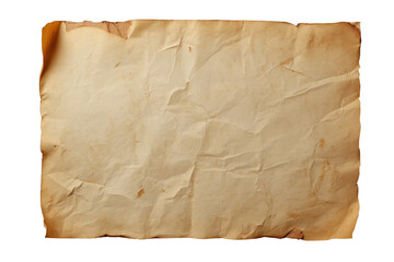 Fototapeta premium Vintage crumpled parchment paper with dark burnt edges and textured background, yellowed sheet displaying aged detail on transparent backdrop