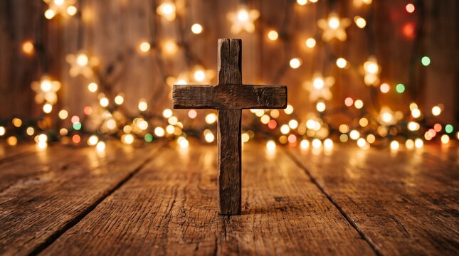 Rustic Wooden Cross on Textured Planks with Warm Festive Bokeh Lights