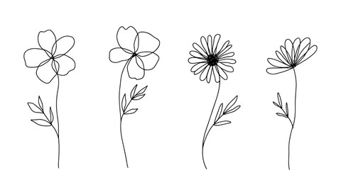 Naklejka premium Set of four hand drawn single line art flowers with simple petals and thin stems