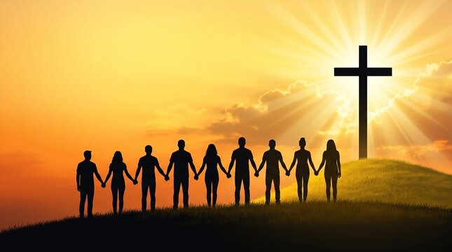 Silhouette of diverse people holding hands in unity by a Christian cross at sunset